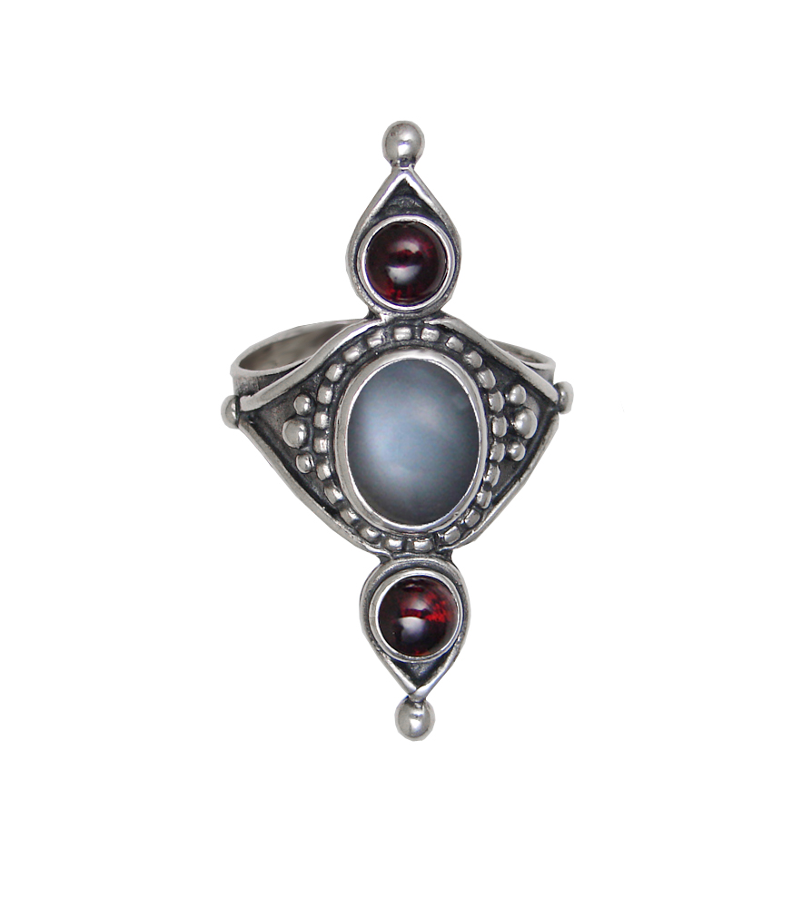 Sterling Silver Royal Ring With Grey Moonstone And Garnet Size 9